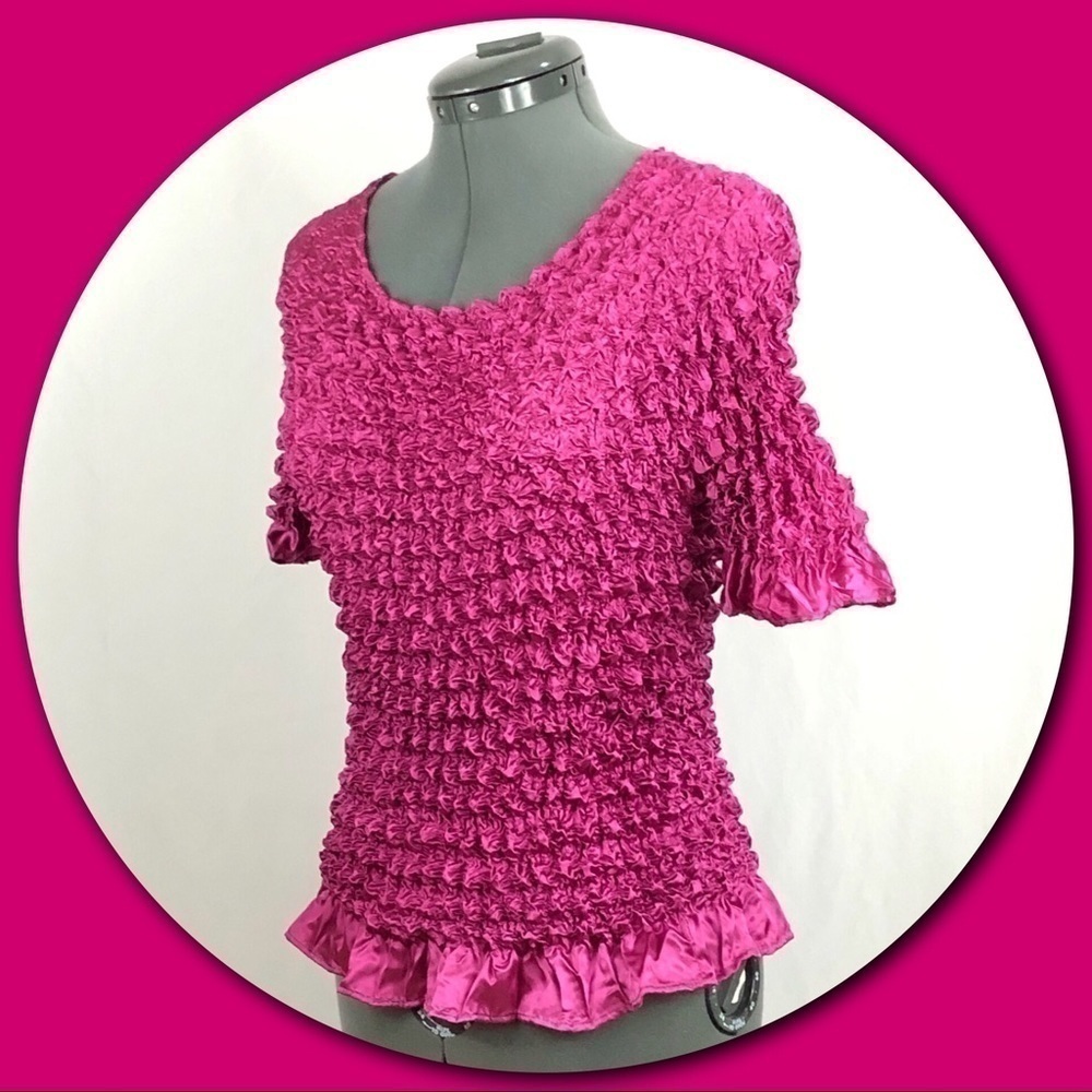 𝅺F*C Unique Sexy Bright Barbie Pink Popcorn Blouse Size OS - Picture 2 of 8
